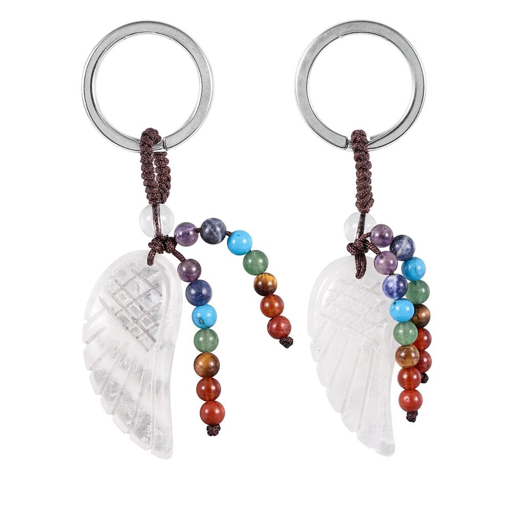 8634 2PCS Carved Wings Crystal Keychain 7 Chakra Beads Tassel Key Ring